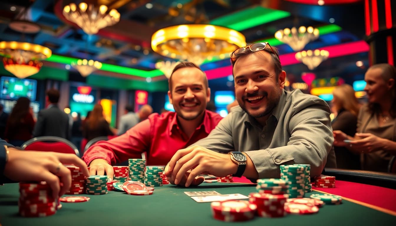 Menang di arus hoki saat bermain poker di kasino dengan suasana penuh energi.