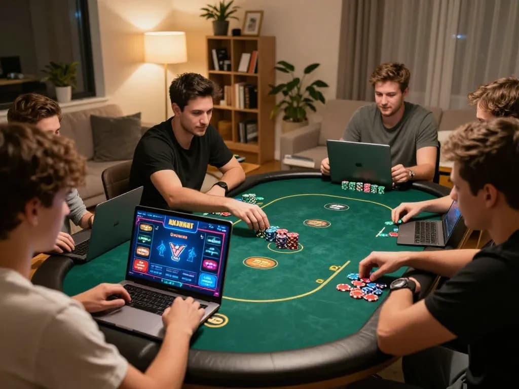 Players engaging in an online poker game on 789WIN showcasing strategy and excitement in a cozy home setting