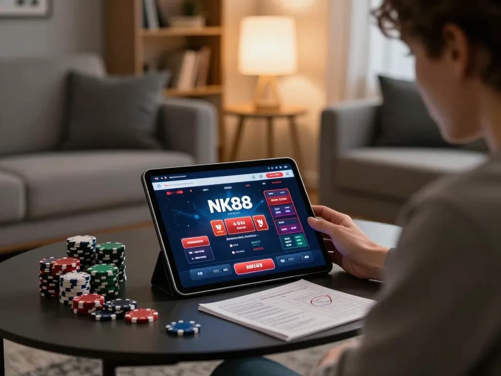 Player engaging in NK88 mobile app gaming with strategy notes on the table, showcasing a cozy atmosphere