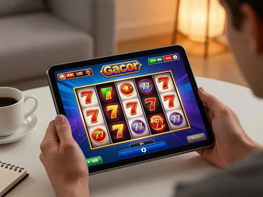 Engaging in a thrilling online slot gacor 777 game on a tablet, showcasing vibrant animations and gameplay.