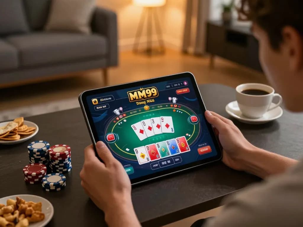 Playing poker online with MM99 Đăng Nhập in a cozy home setting, tablet displaying game interface