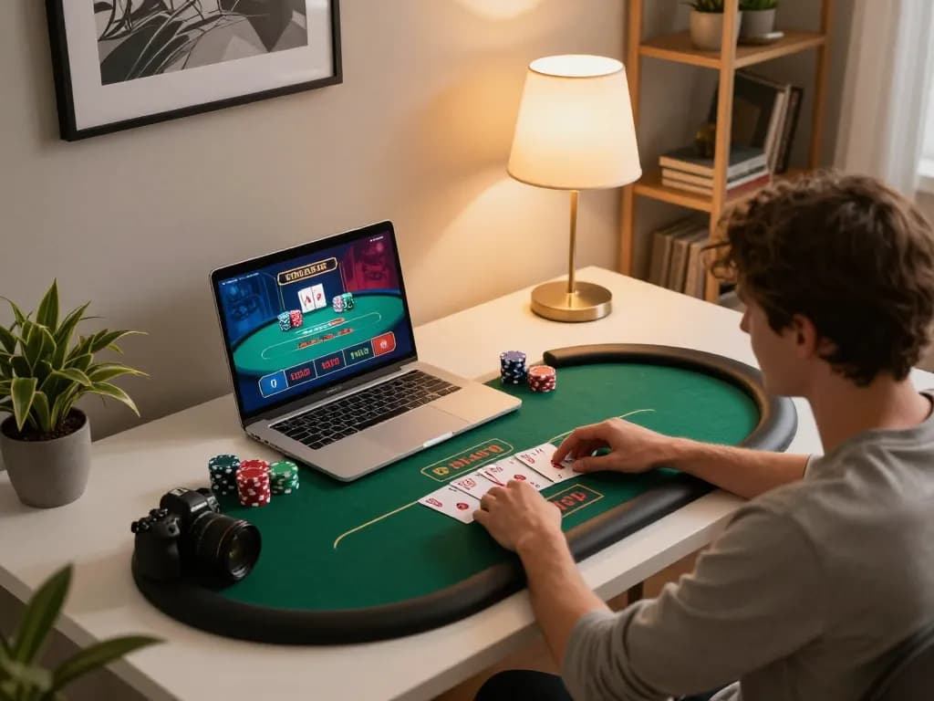 Player engaging in online poker at dacsandatphanrang.com with a cozy home setup