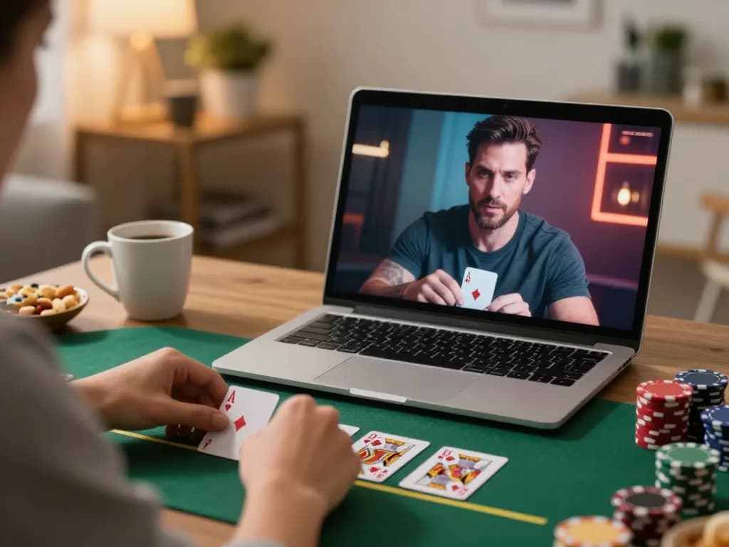 Engaging in blackjack on ko66 com, showcasing strategy and focus in a cozy home setting.