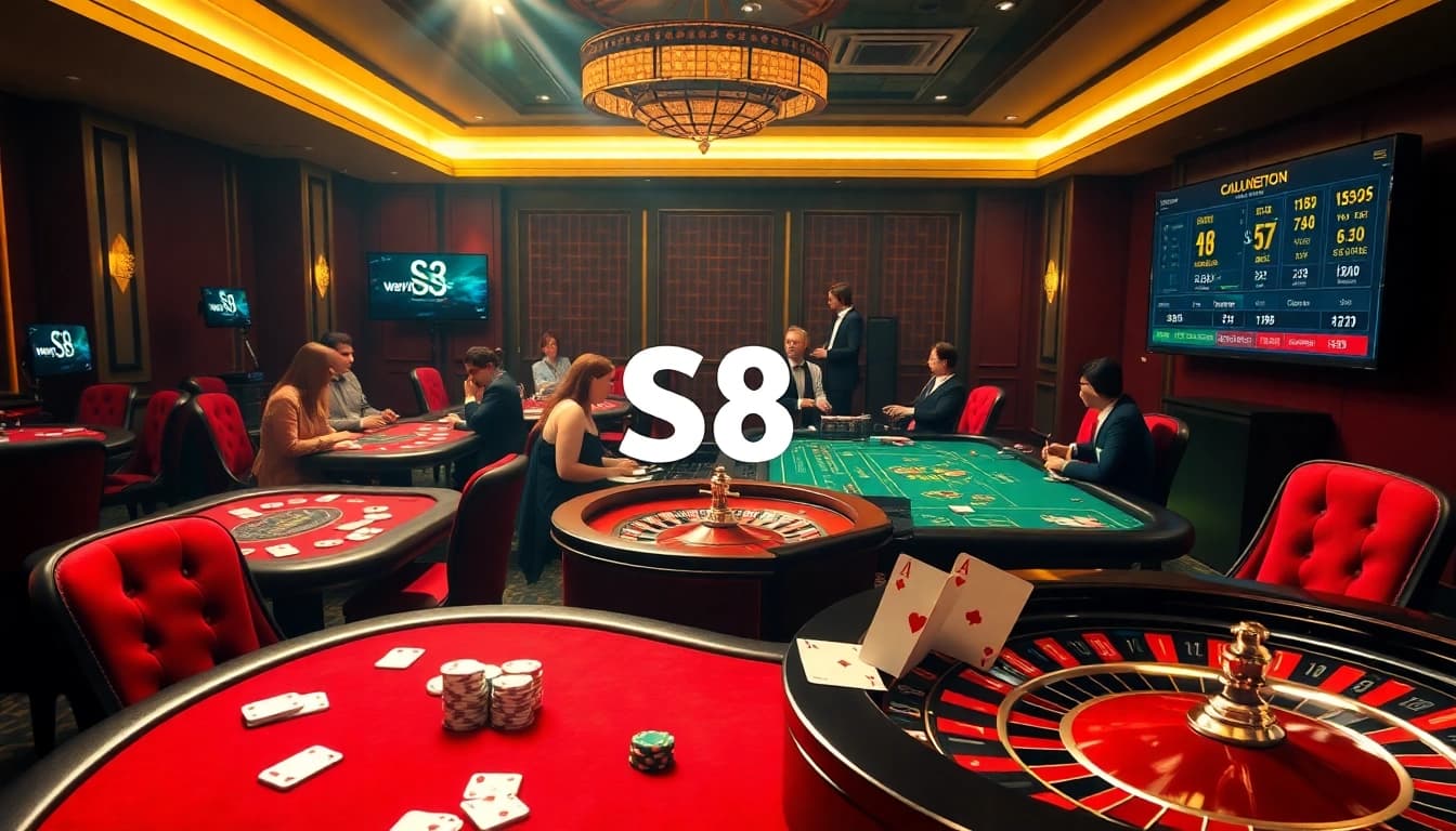 Action-packed scene showcasing players at S8 casino tables, engaging in vibrant button bets and chips.