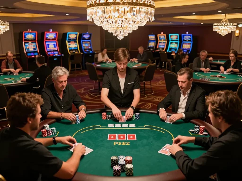 Exciting poker gameplay at F168 casino with players strategizing and chips stacked on the table.
