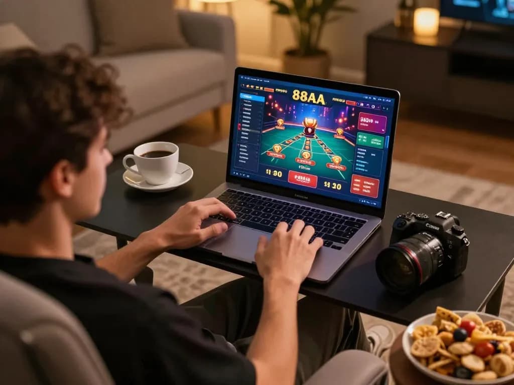 Engaging in online gaming with 88 aa on a laptop in a cozy home setup, showcasing strategic gameplay