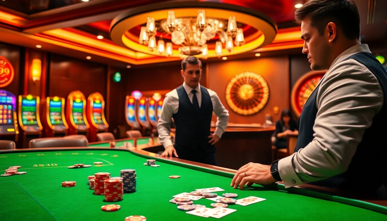 Experience elegant gaming at PS99 casino with vibrant lights and exciting tables.