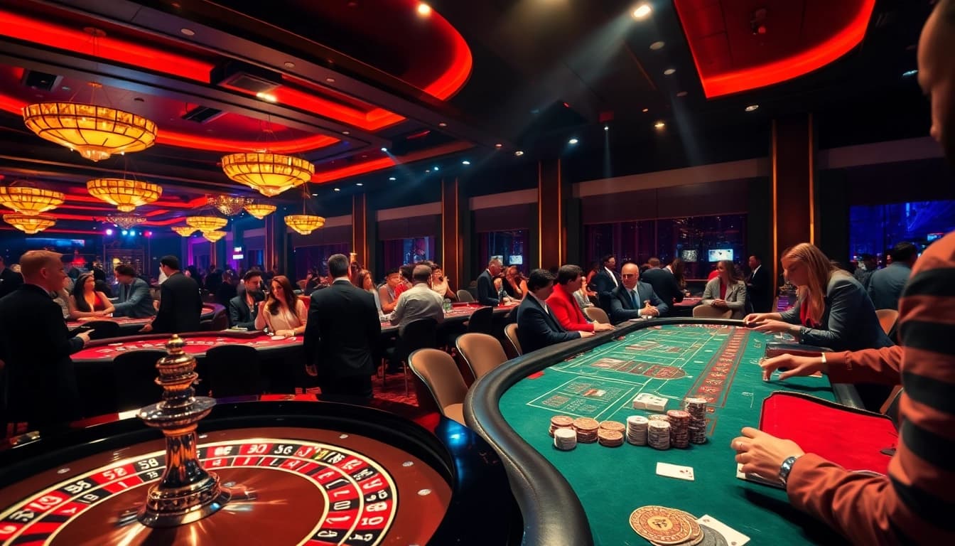 Join the excitement at e2bet login with a vibrant casino gaming scene filled with roulette tables and players.