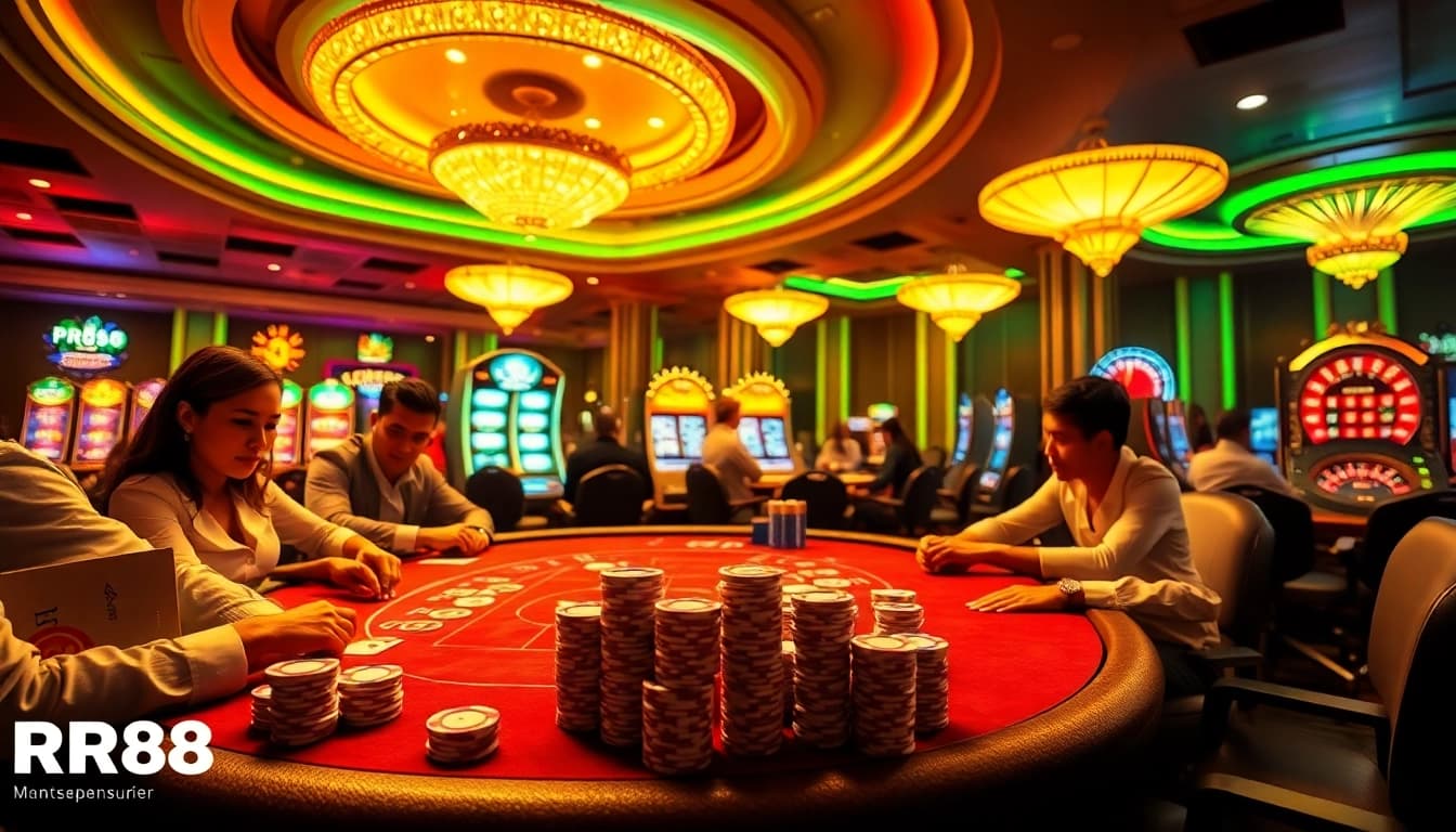 RR88 showcases an exciting casino scene featuring poker chips, cards, and vibrant slot machines.