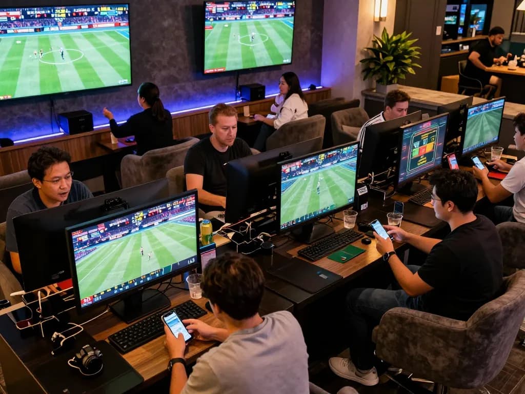 Excited bettors placing wagers with bk8 app in a vibrant sports betting lounge, engaging atmosphere.