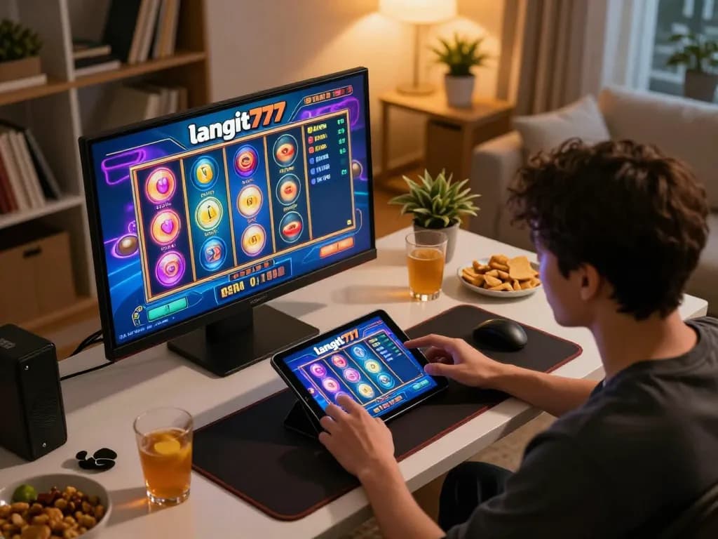 Engaging in langit777 online slot gaming on a tablet in a cozy home setting, snacks and drinks nearby.