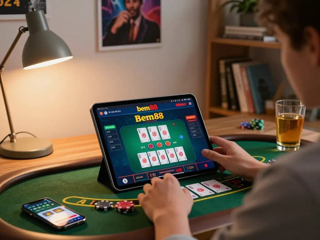 Experience thrilling online blackjack gameplay on the bem88 site from a cozy home office