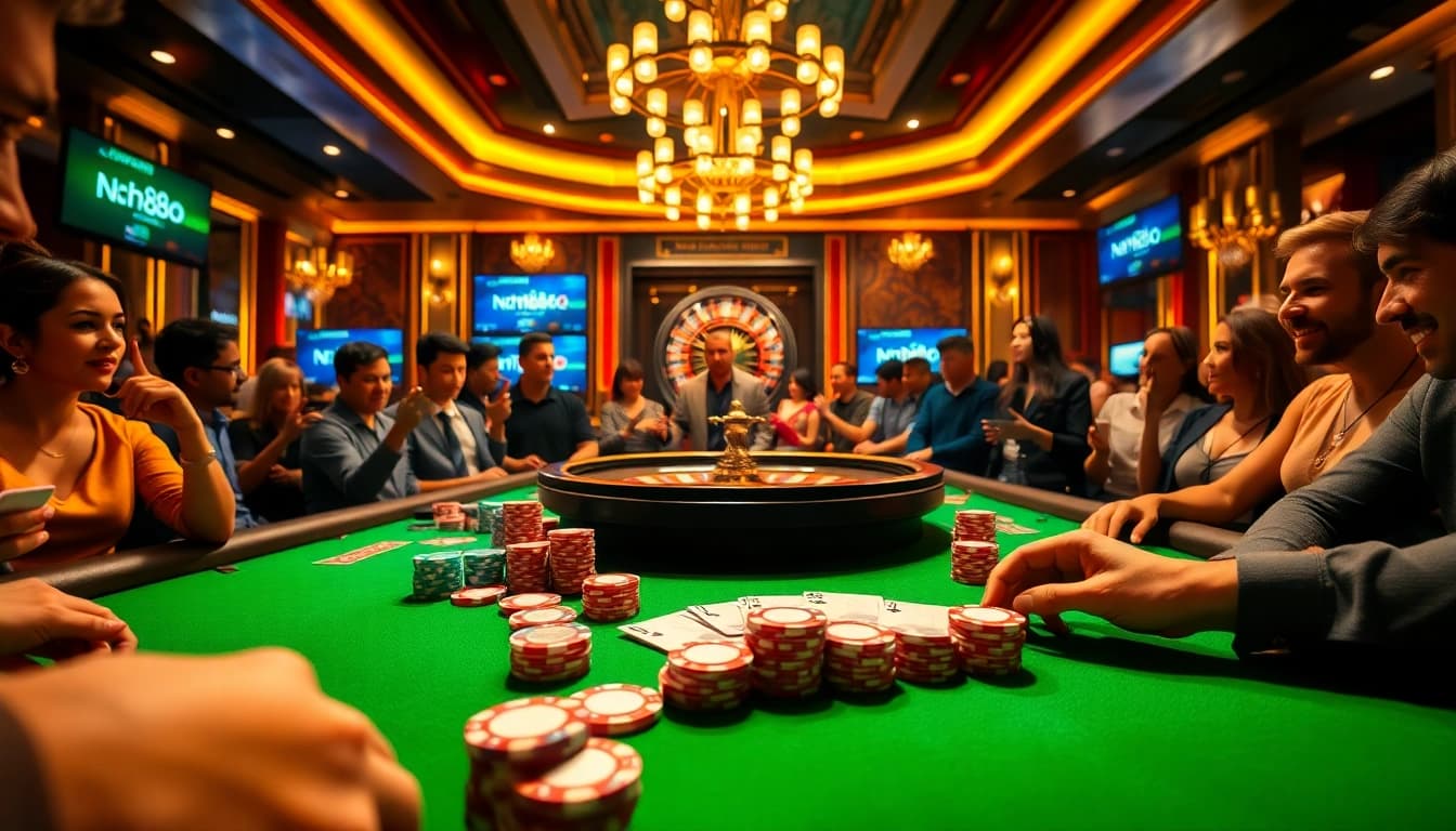 Experience high-stakes gaming at nh88 with vibrant poker chips and an elegant roulette wheel.
