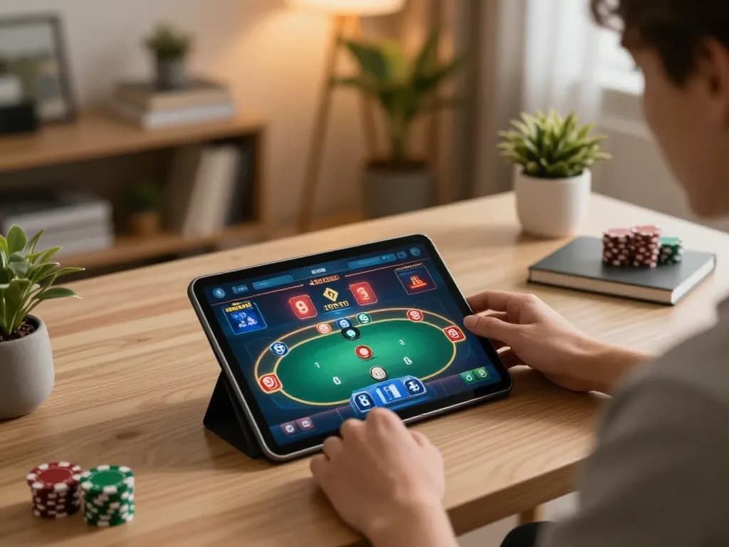Engaging online gaming session at nhà cái bl555, featuring a person playing poker on a tablet in a cozy, stylish home workspace.