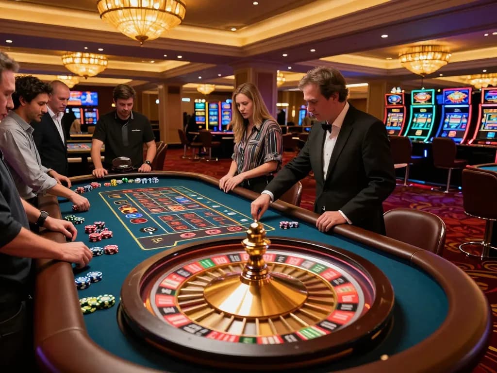 Terlibat dalam permainan roulette yang mendebarkan di https://www.gamestoursfestival.com/programme/, suasana kasino yang cerah, dan pemain yang menyaksikan.