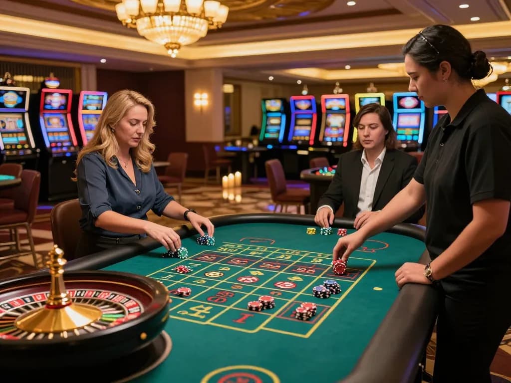 Players enjoying strategic roulette gameplay at IWIN casino, vibrant atmosphere with elegant décor and engaging croupier action