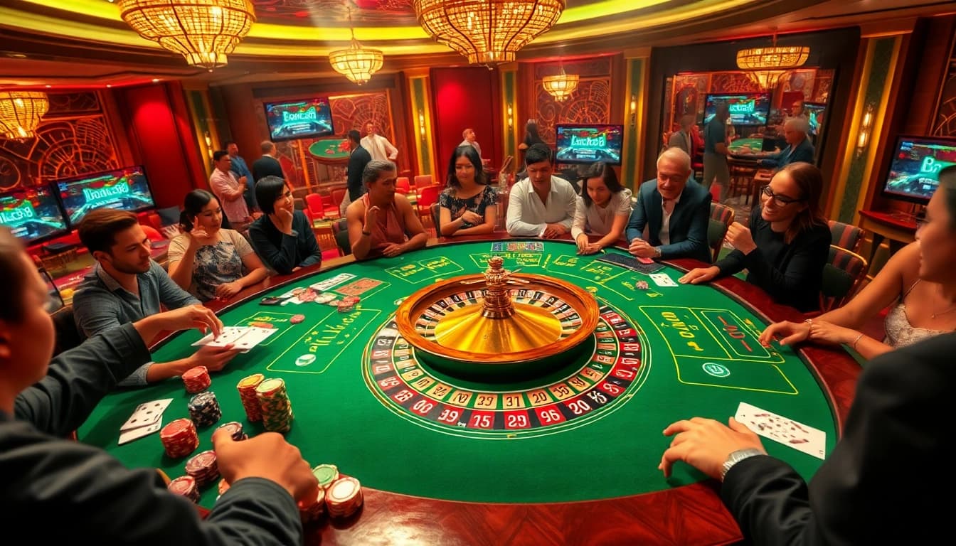 Players engaging in high-stakes poker at a luxurious table themed around luck8.