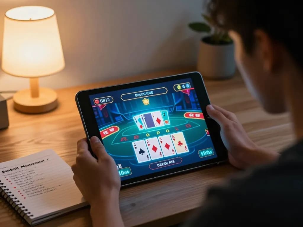 Player immersed in baccarat game on tablet while managing bankroll at home, showcasing Rikvip.