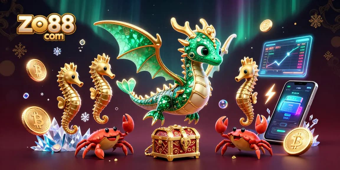 Bet on excitement with zo88 com, featuring a vibrant 3D scene of a sea dragon and crypto coins.