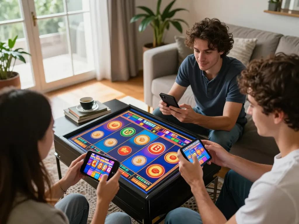 Pemain terlibat dengan permainan slot mobile di ruang tamu yang nyaman, menampilkan momen permainan yang mengasyikkan