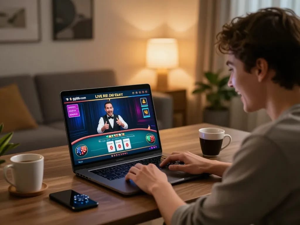 Engaged player using laptop for live casino gaming at gg88 com, demonstrating excitement and strategic play.
