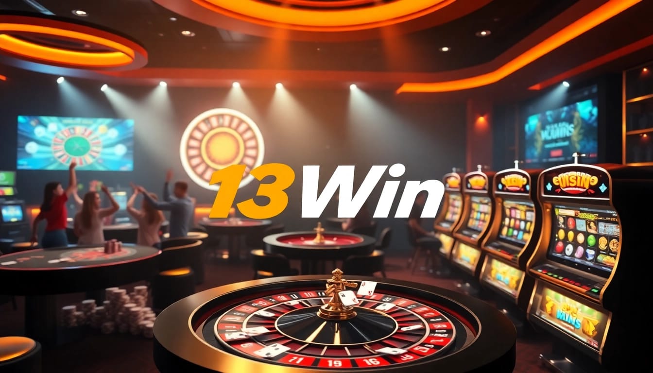 Experience thrilling wins at 13Win Casino with vibrant tables, cards, and slot machines.