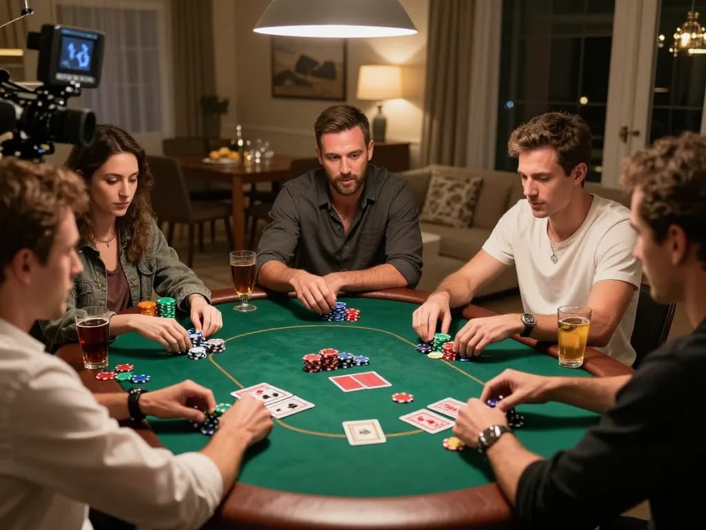 Engaged friends enjoying a home poker night, showcasing OLYMPUS88 gaming strategies in an exciting atmosphere.