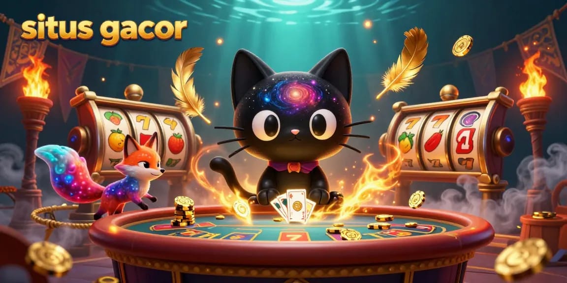 Situs gacor cat pulls in golden chips at a cosmic casino table with a nebula fox companion.