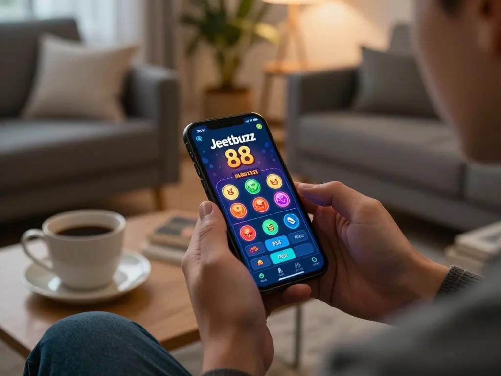 Experience thrilling online gaming with Jeetbuzz 88 app on a smartphone in a cozy setting.