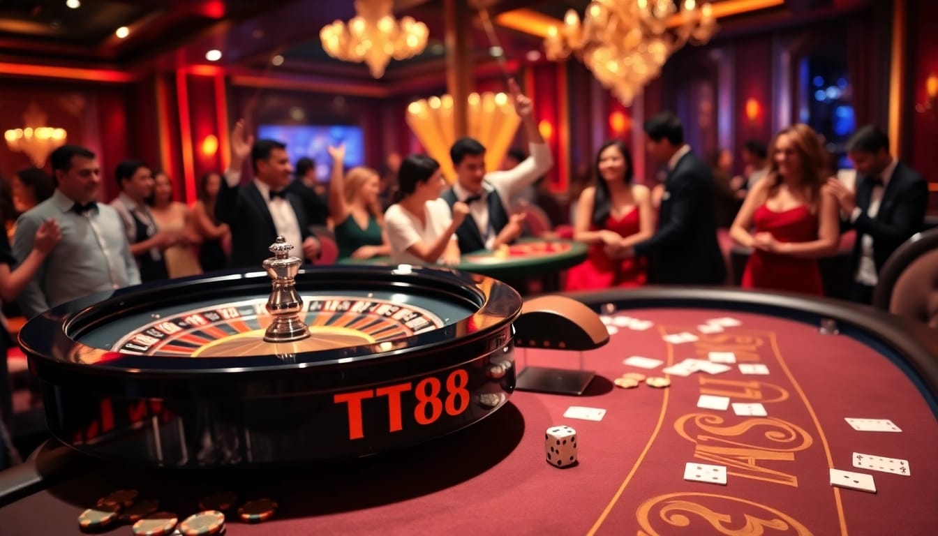 Experience the thrill of winning at TT88 with a lively casino atmosphere featuring roulette and poker tables.