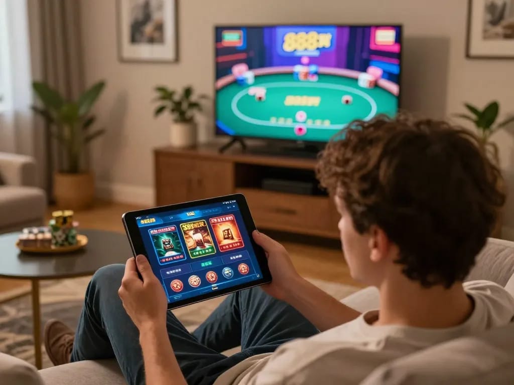 Person engaged in online gaming on the 888NEW app, emphasizing a strategic and enjoyable casino experience.