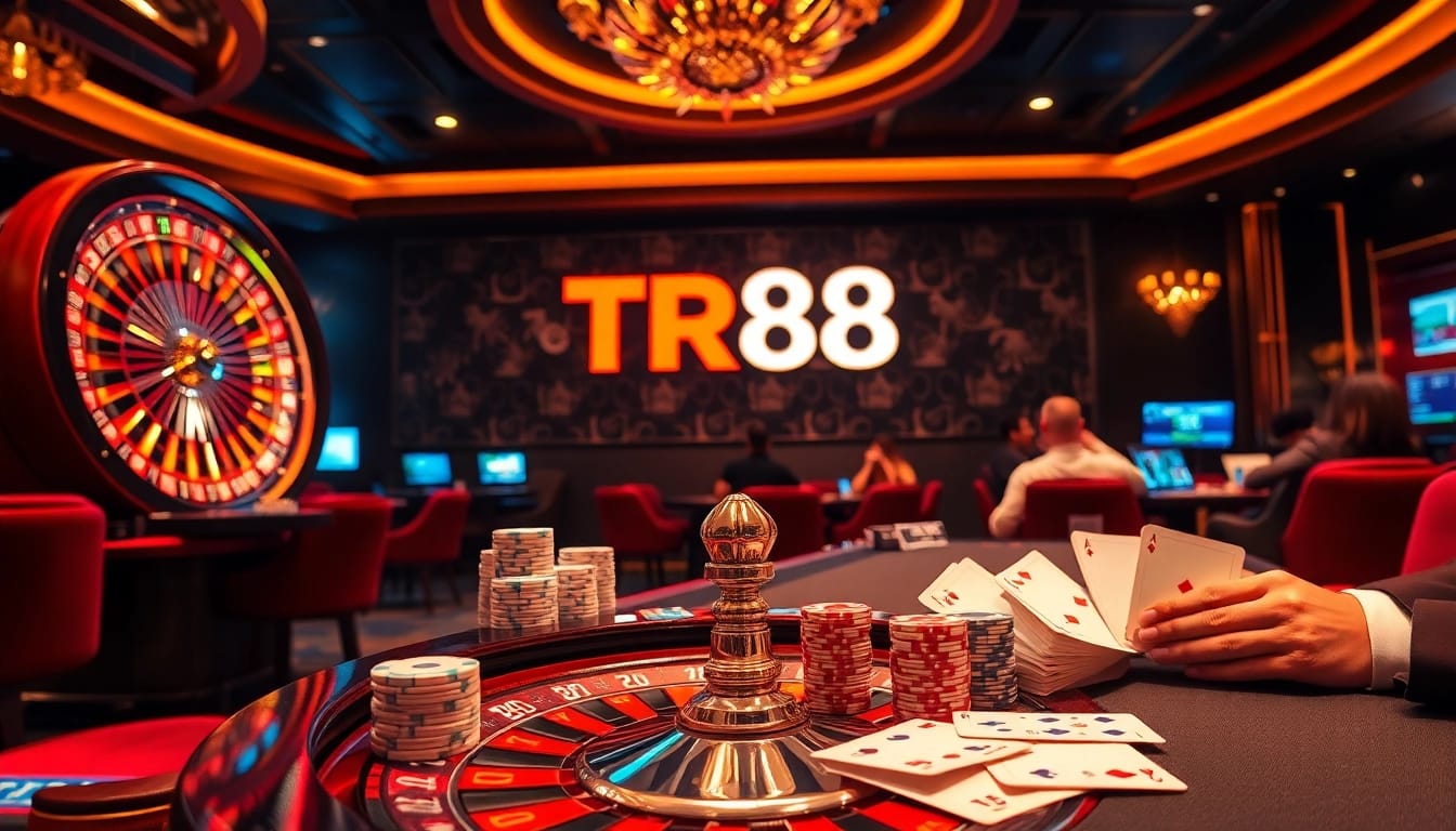 Engage with TR88’s vibrant casino atmosphere featuring roulette, poker chips, and an upscale ambiance.
