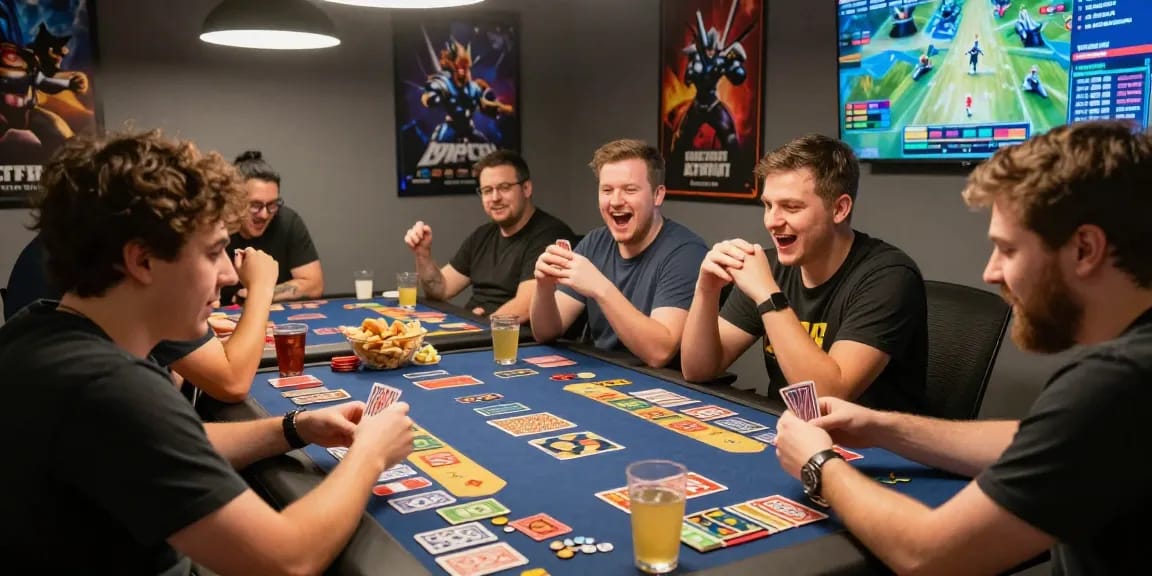 Teman-teman bersenang-senang bermain game kartu 68gb dengan suasana kompetitif di ruangan yang cerah.