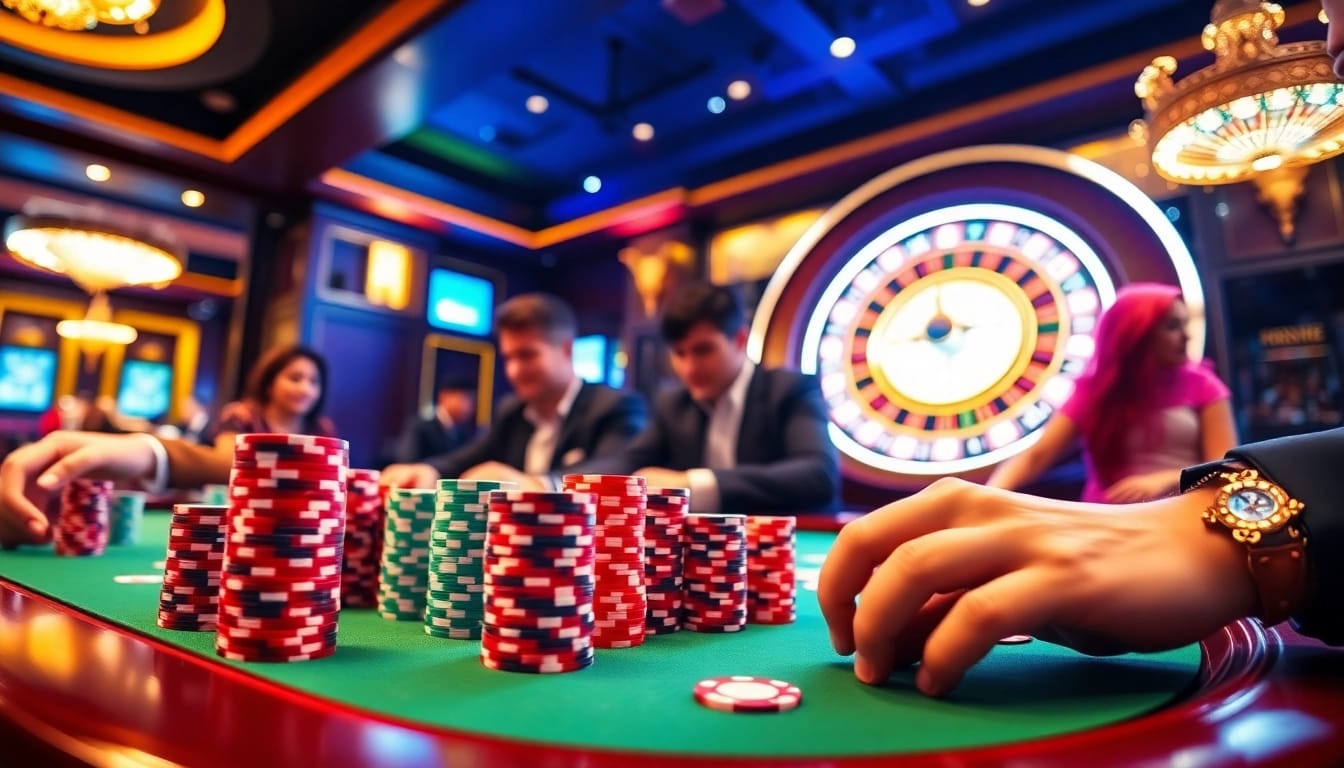 Experience the thrill of F8bet with vibrant poker chips and a glowing roulette wheel at a luxury casino.