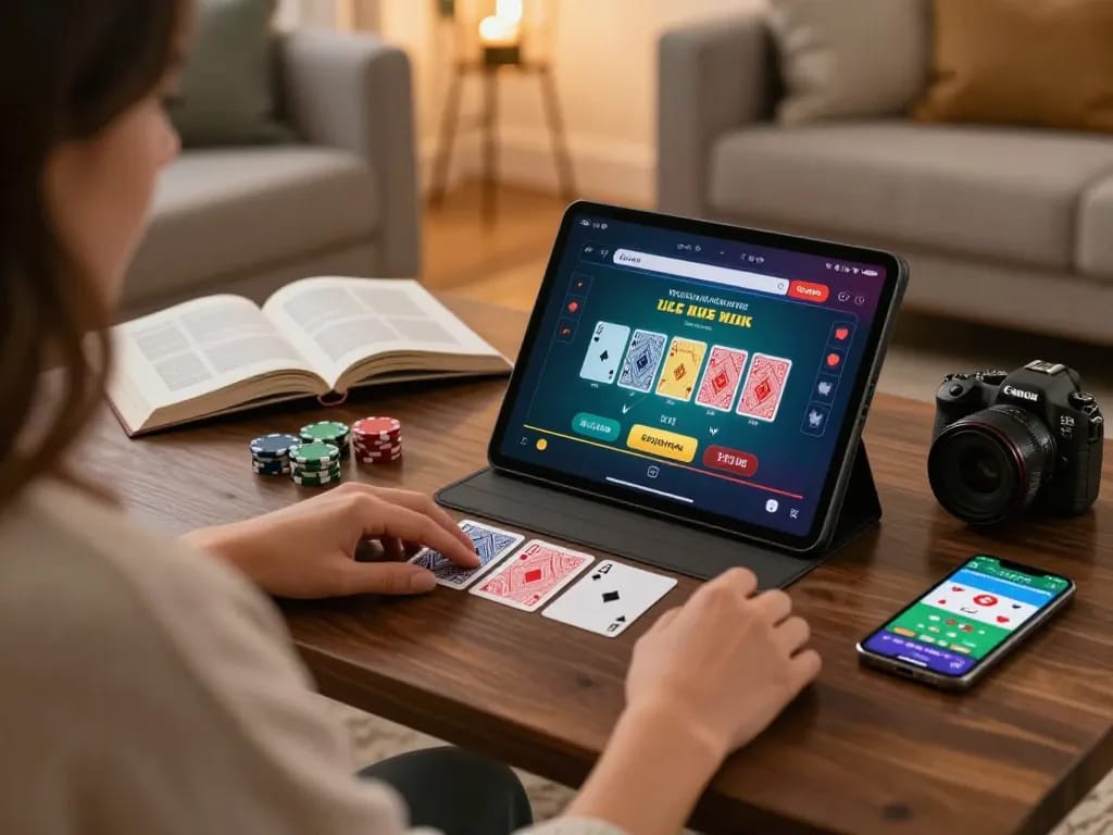 Tg888 player engaging in live dealer blackjack on a tablet at home, enhancing strategic gameplay