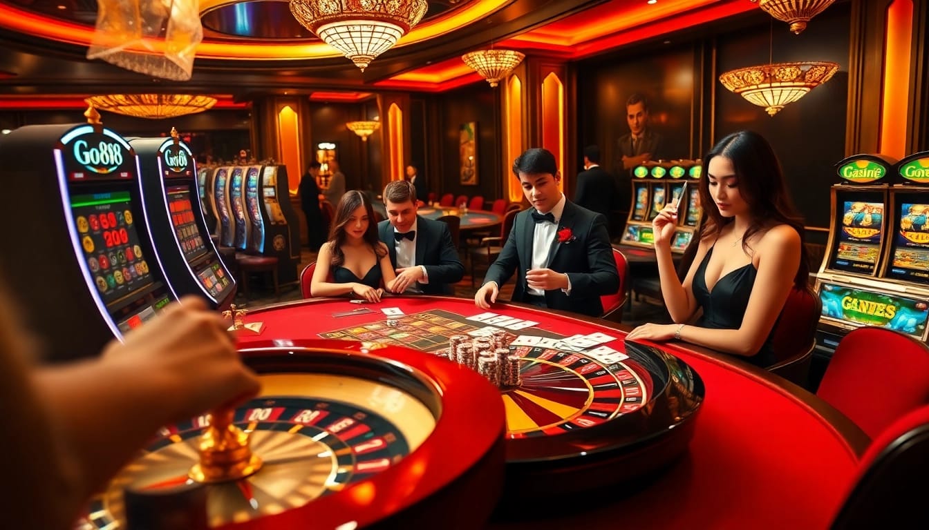 Experience the thrill of gambling at a luxurious go88 casino with a roulette wheel and poker table.