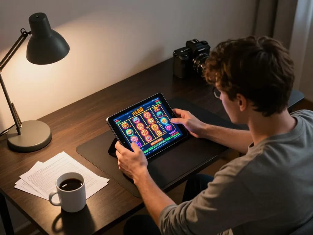 Player exploring nk88's vibrant online gaming platform on a tablet, highlighting responsible gambling.
