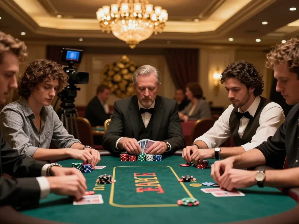 Experience thrilling gameplay at the dh88 poker table showcases strategic play in a lavish casino.