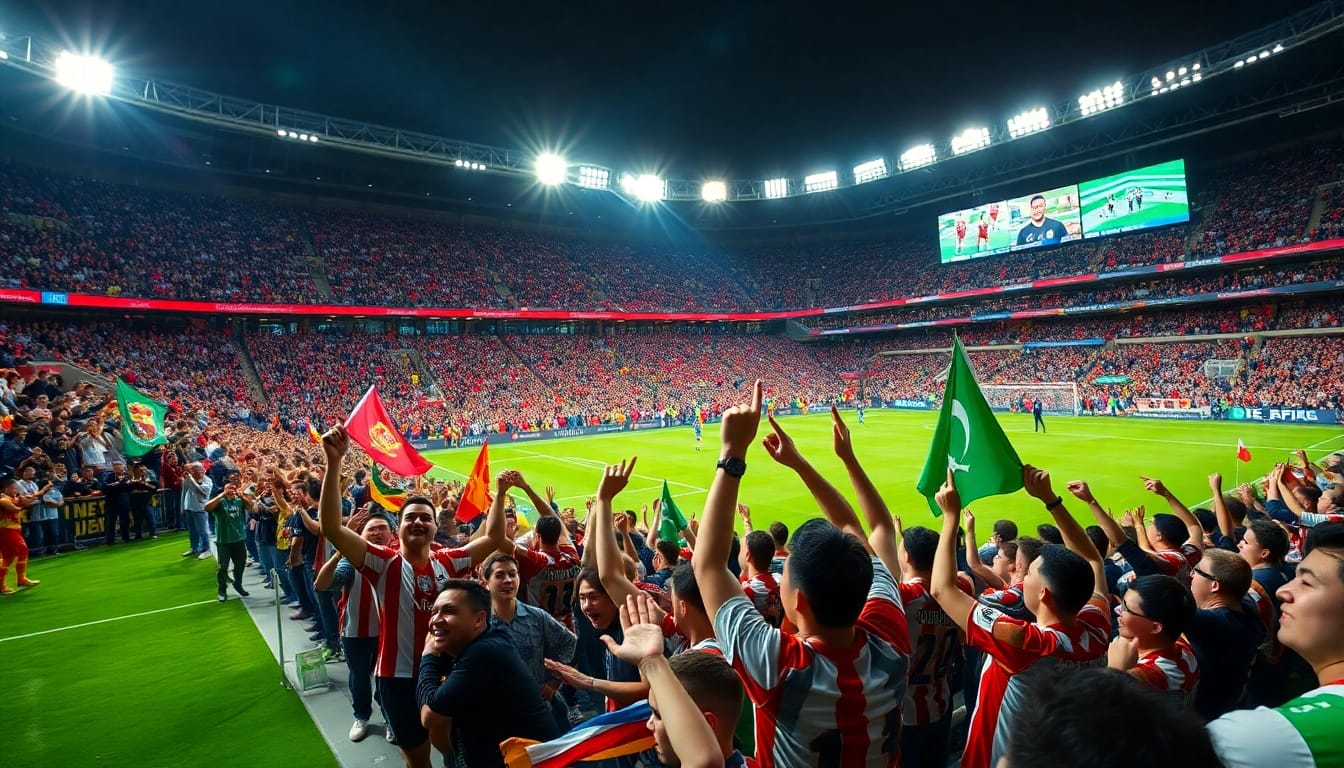 Exciting Trực tiếp bóng đá scene with fans cheering in a vibrant stadium