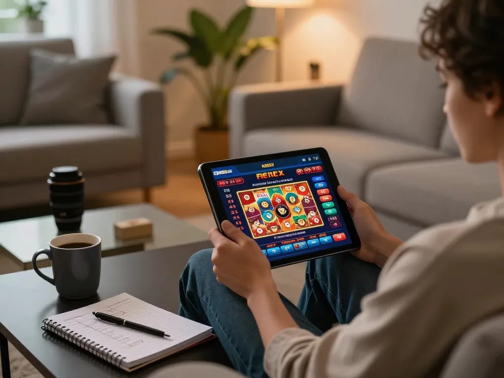 Engaging with open88 com on a tablet during a cozy evening of online gambling.