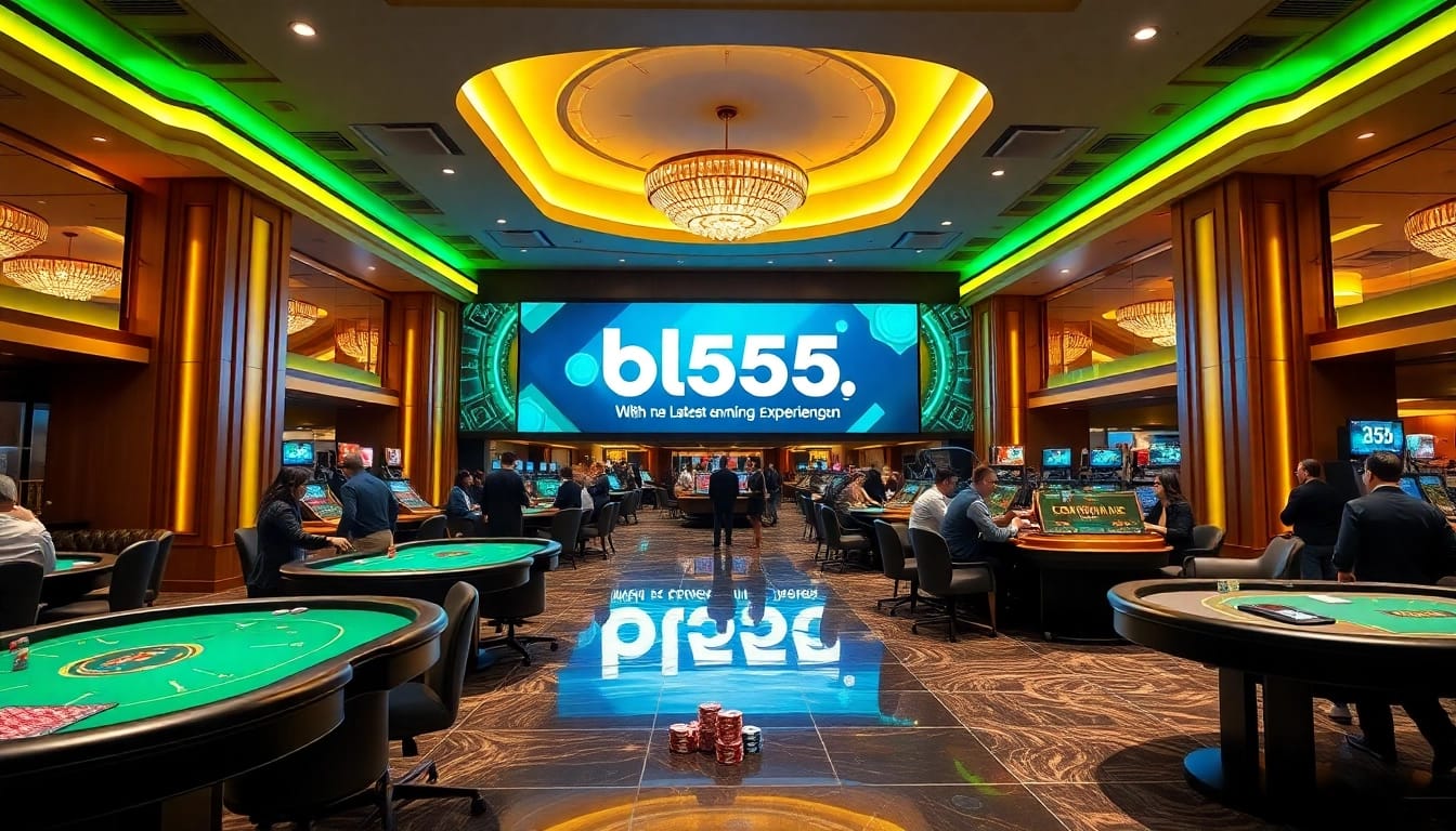 A bustling casino scene showcasing an elegant interior with gaming tables, inviting players to experience bl555.design.