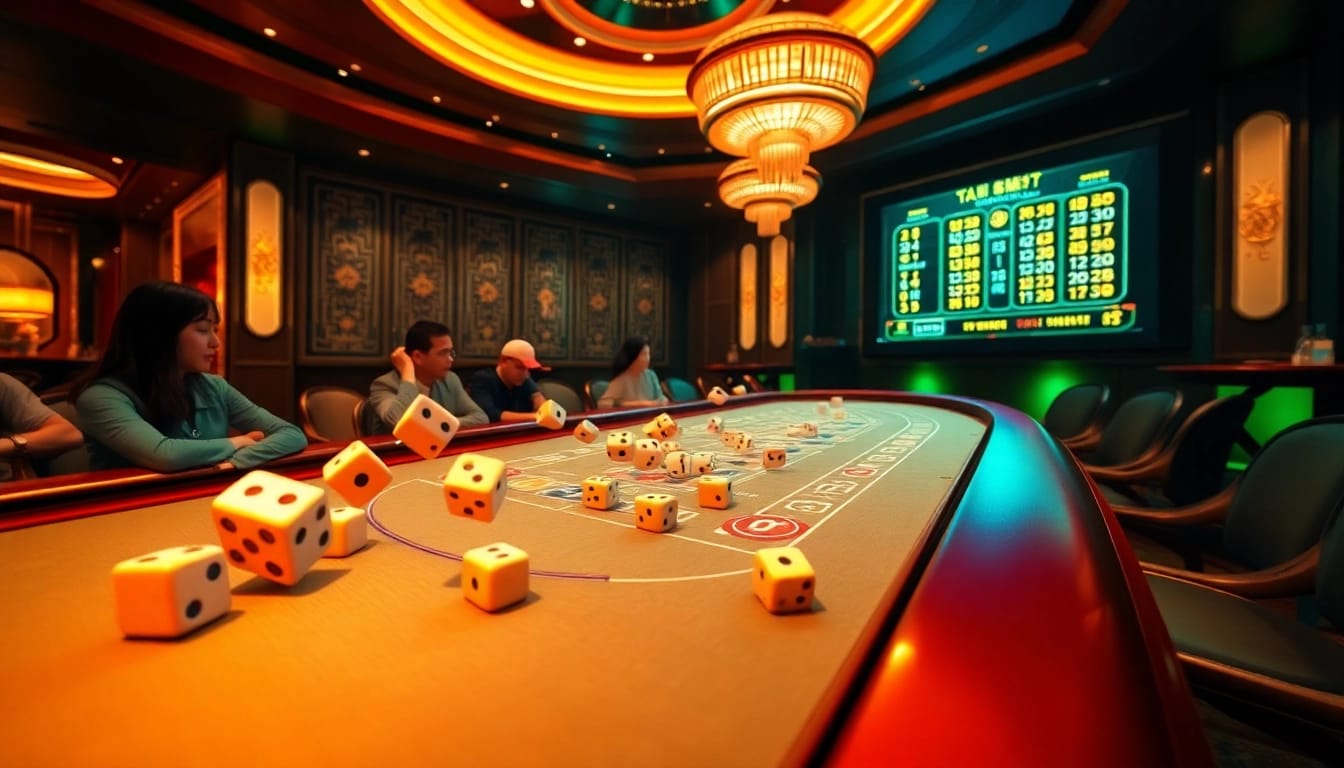 A thrilling game of Tài Xỉu MD5 attracting enthusiastic players at a sophisticated casino table.