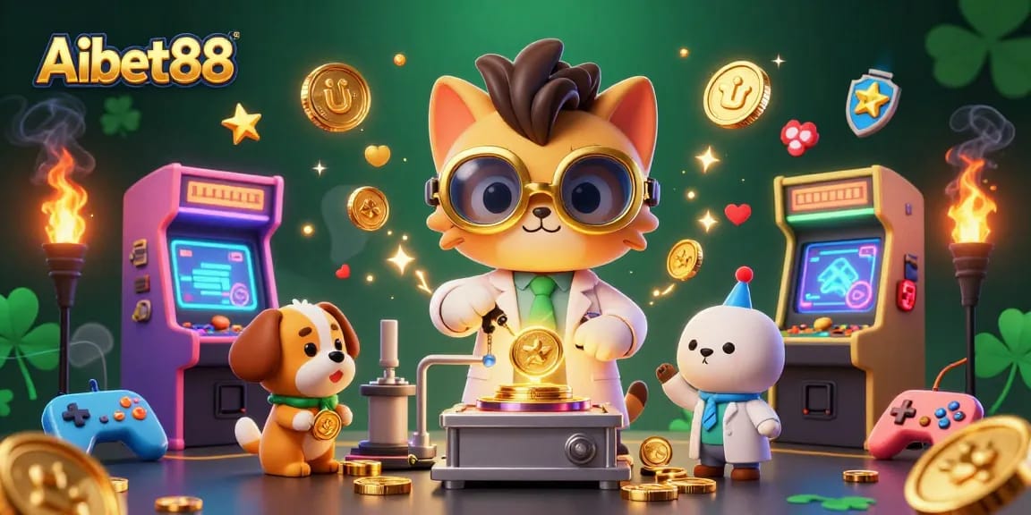 Aibet88 showcases a mad scientist cat and dog in a vibrant casino setting full of golden coins and arcade games.