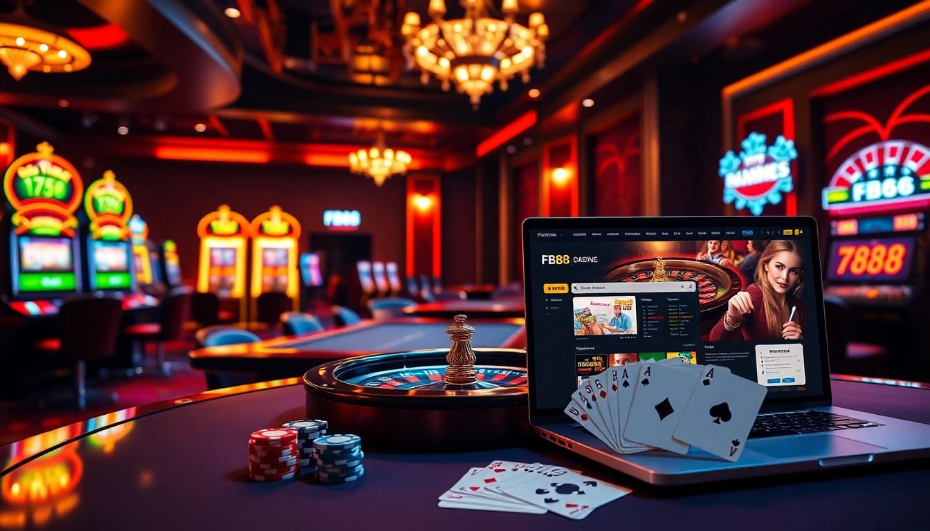 Experience thrilling gaming at FB68 with a vibrant casino scene featuring roulette tables and slot machines.