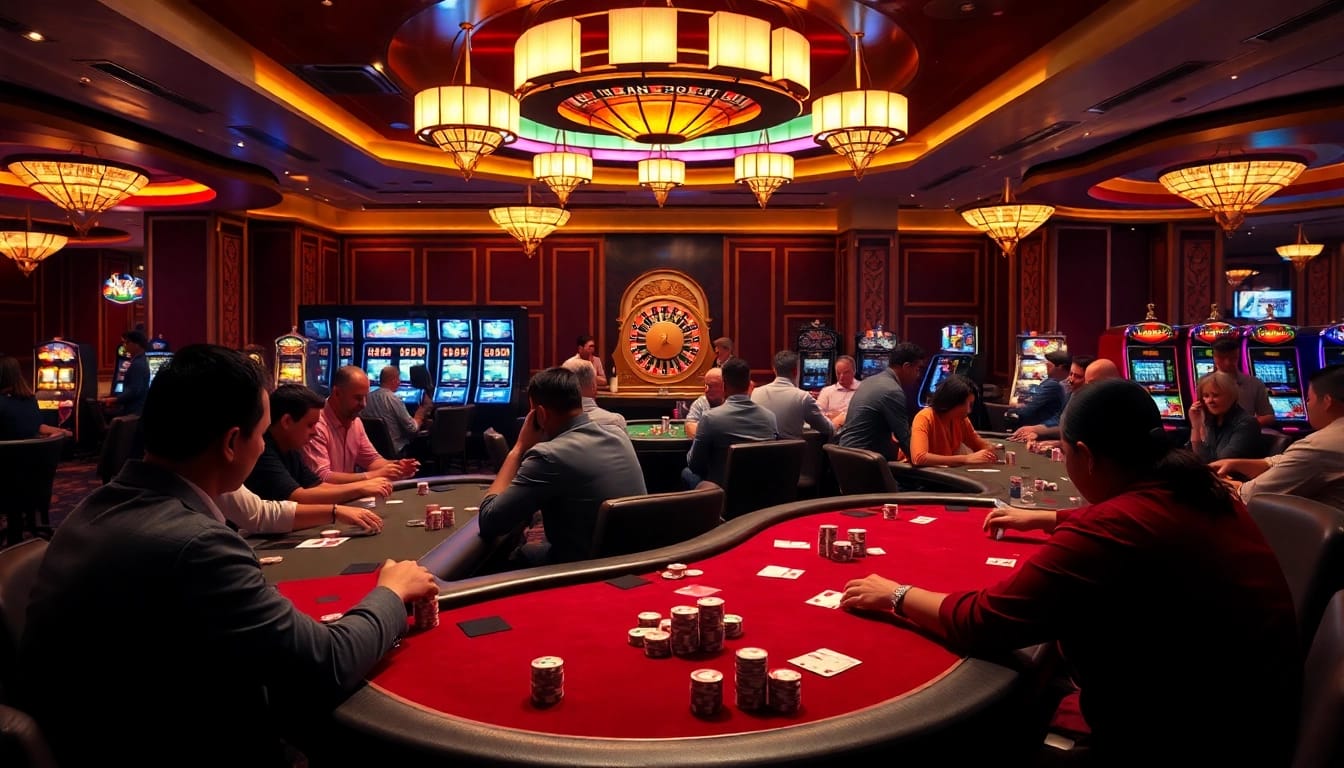 Poker players enjoying Texas Hold'em at https://789f.town/ casino with vibrant atmosphere and luxurious setting.
