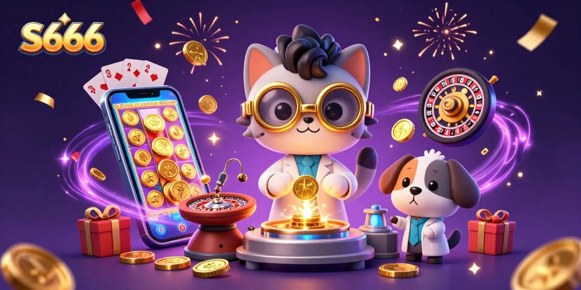 S666 immersive gaming experience with a mad scientist cat and dog amidst gold coins and vibrant slot games.