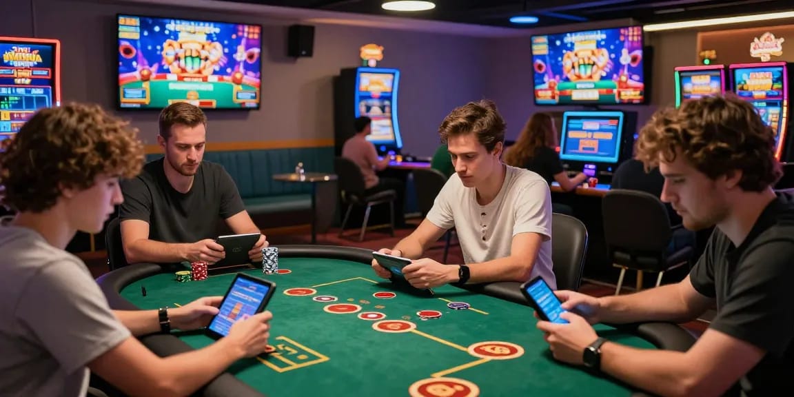 Players enjoying 68gamebai casino games on tablets in a vibrant gaming lounge, showcasing the excitement of online gambling.