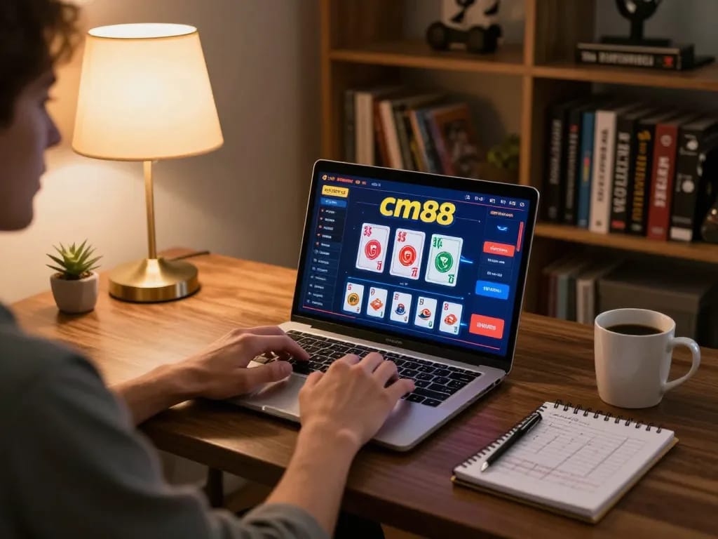 Player enjoying cm 88 online casino on laptop, showcasing cards and betting interface in a cozy living room setup