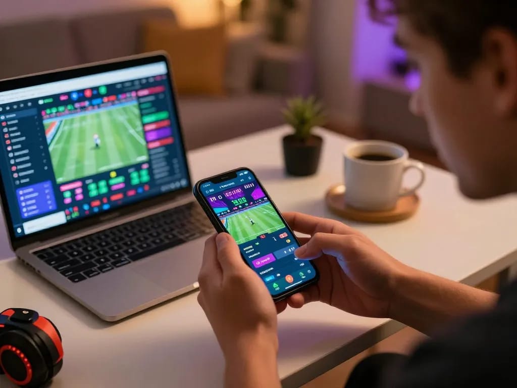 Engaging moment of betting on m112 sports app with smartphone in home setting