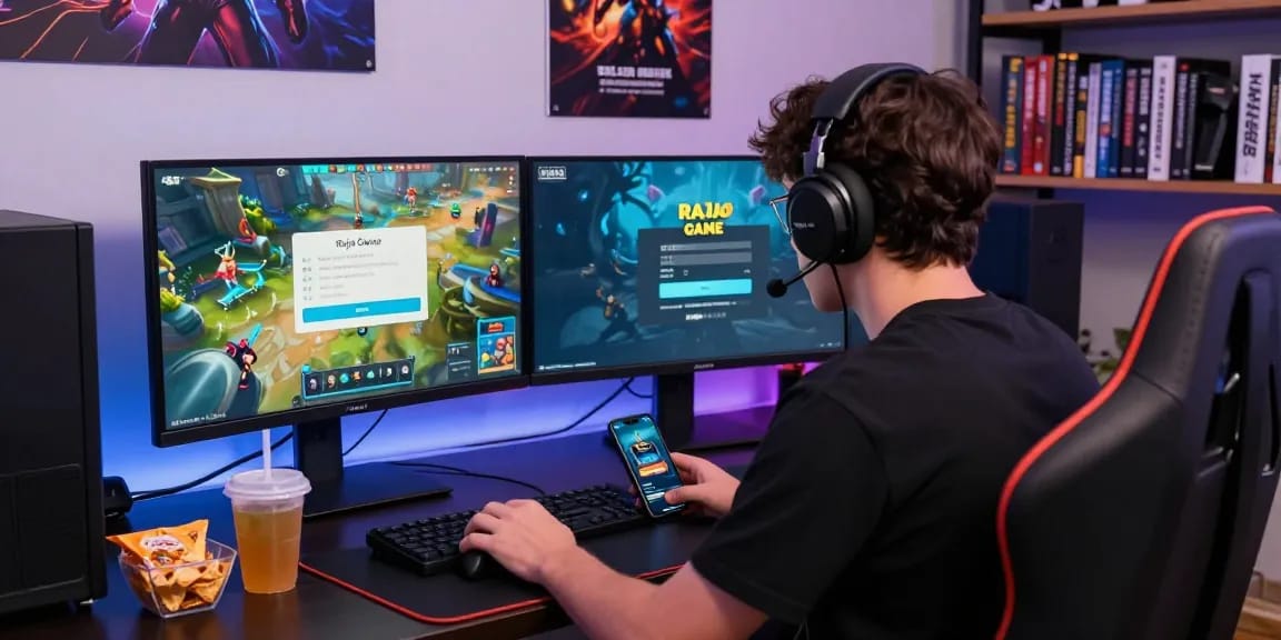 Engaged user performing Raja Game login in a vibrant gaming setup, showcasing dual monitors and a sleek environment.